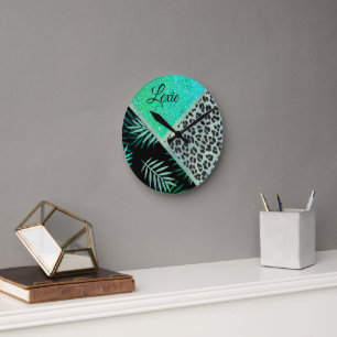 Glittery Teal Tropical Leopard Print Round Clock