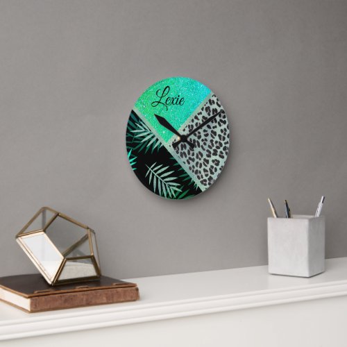 Glittery Teal Tropical Leopard Print       Round Clock