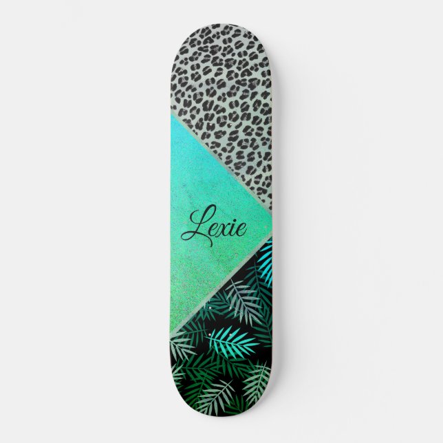 Glittery Teal Tropical Leopard Print  Skateboard (Front)