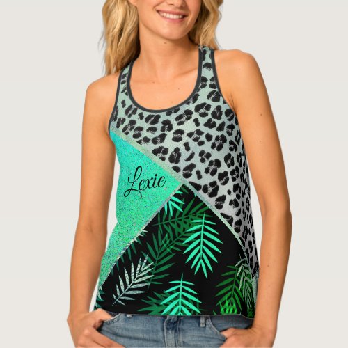 Glittery Teal Tropical Leopard Print  Tank Top