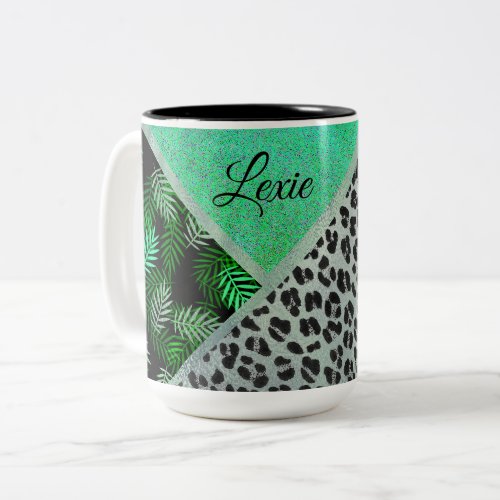 Glittery Teal Tropical Leopard Print      Two_Tone Coffee Mug