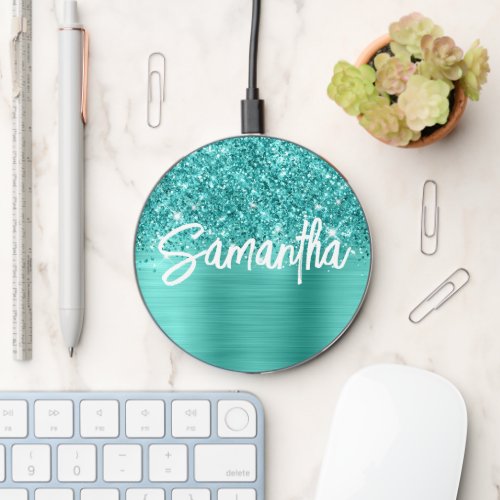 Glittery Teal Turquoise Glam Brush Script Name Wireless Charger