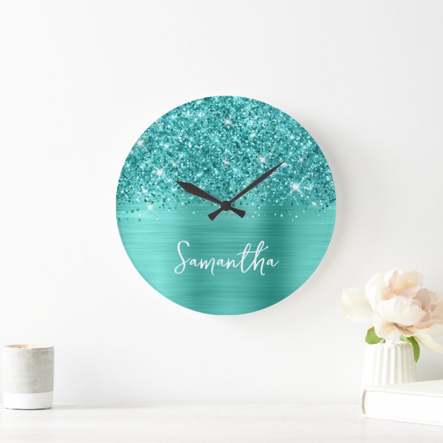 Glittery Teal Turquoise Glam White Script Name Large Clock (Home)