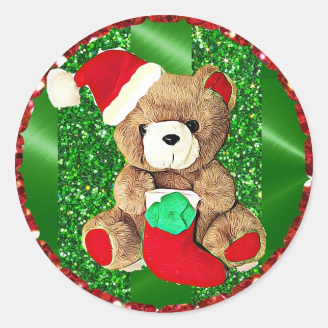 Glittery Teddy Bear Christmas Sticker (Front)