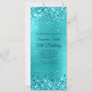 Glittery Turquoise Blue Foil 50th Birthday Invitation