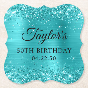 Glittery Turquoise Blue Foil 50th Birthday Paper Coaster