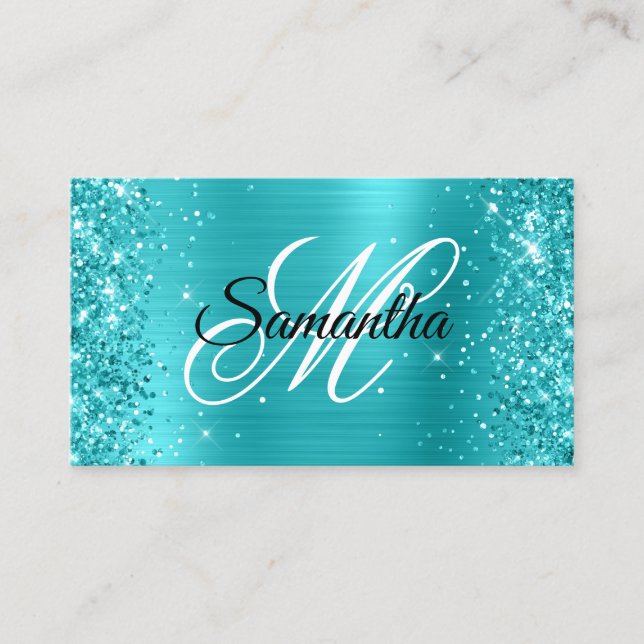 Glittery Turquoise Blue Foil Fancy Monogram Business Card (Front)