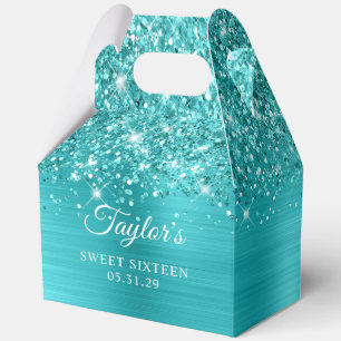 Glittery Turquoise Blue Foil Glam Sweet Sixteen Favor Boxes