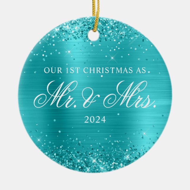 Glittery Turquoise Blue Foil Our 1st Christmas Ceramic Ornament (Front)
