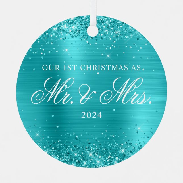 Glittery Turquoise Blue Foil Our 1st Christmas Metal Ornament (Front)