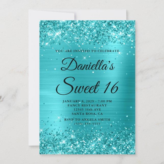 Glittery Turquoise Blue Foil Sweet 16 Invitation (Front)