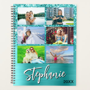 Glittery Turquoise Blue Glam 14 Photo Collage Planner