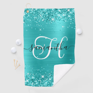 Glittery Turquoise Blue Glam Monogrammed Golf Towel