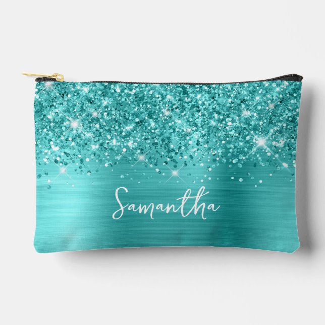 Glittery Turquoise Blue Glam Script Name Accessory Pouch (Front)