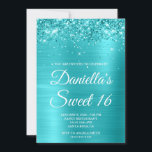 Glittery Turquoise Blue Metallic Sweet 16 Invitation<br><div class="desc">Create your own stylish 16th birthday celebration invitation for your daughter. Decorative faux sparkly teal blue glitter graphics form on top of a aqua blue and turquoise ombre style brushed metal foil. Customize the invitation white text color or font styles. The "Sweet 16" text is also customizable. The luxury sparkles,...</div>