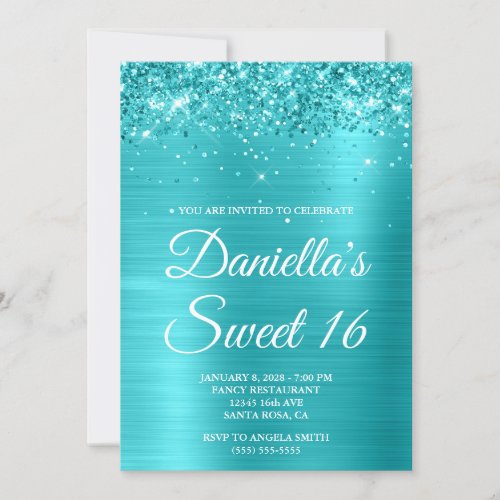 Glittery Turquoise Blue Metallic Sweet 16 Invitation