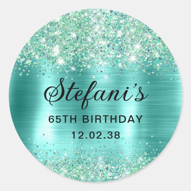 Glittery Turquoise Foil 65th Birthday  Classic Round Sticker (Front)