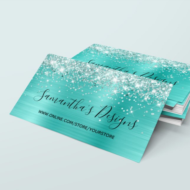 Glittery Turquoise Foil Online Store Business Card (Glittery Turquoise Foil Online Store Business Card)