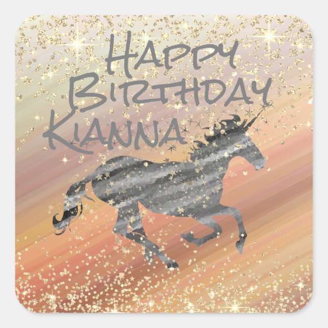 Glittery Unicorn Personalized  Birthday            Square Sticker (Front)