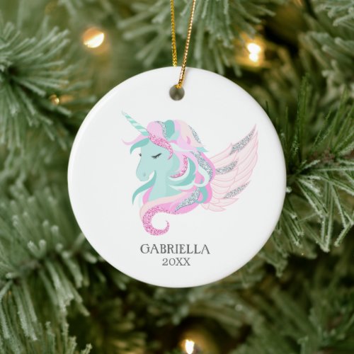 Glittery Unicorn Personalized Girls Christmas Ceramic Ornament