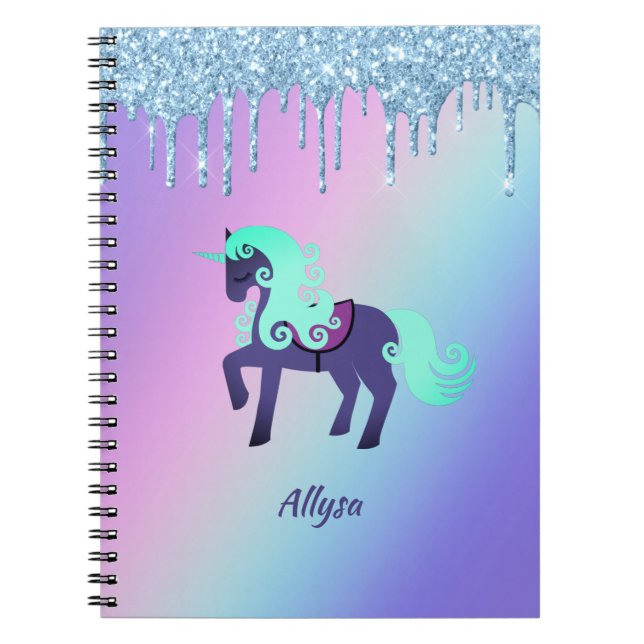 Glittery Unicorn with Rainbow Pastel Background Notebook (Front)