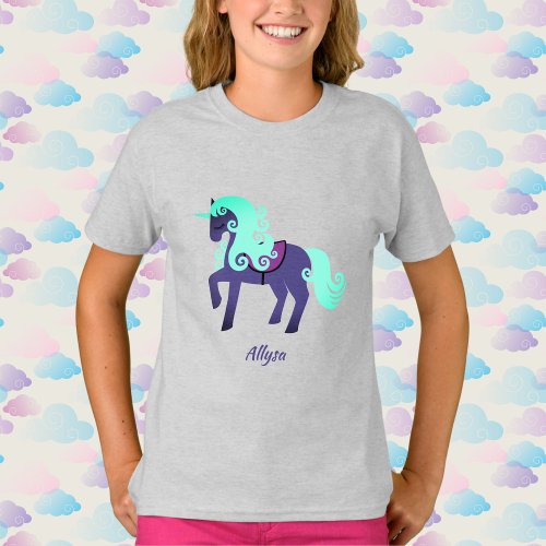 Glittery Unicorn with Rainbow Pastel Background T_Shirt
