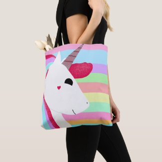 Glittery Unicorn with Stripes - Cute Drawing Tote Bag