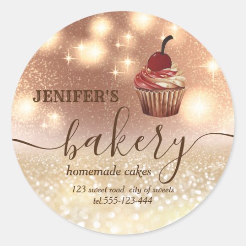 Glittery vintage cupcake chef script bakery classic round sticker