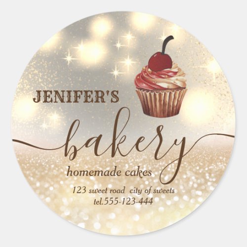Glittery vintage cupcake chef script bakery classic round sticker