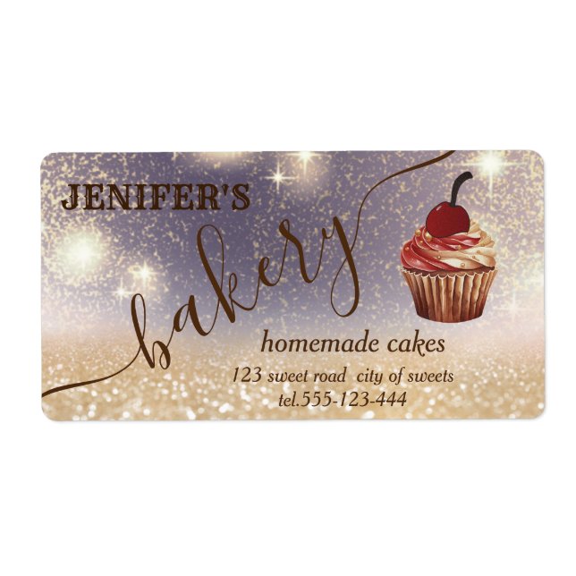 Glittery vintage cupcake chef script bakery label (Front)