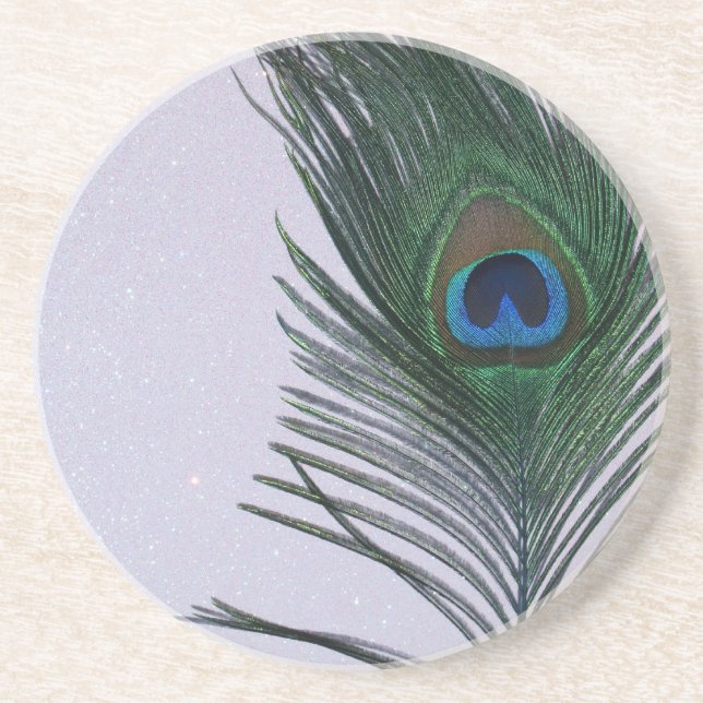 Glittery White Peacock Feather Still Life Sandstone Coaster (Front)