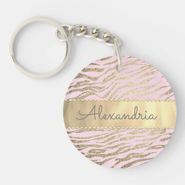 Glittery Zebra Print on Pink Blush Personalized Keychain (Front)
