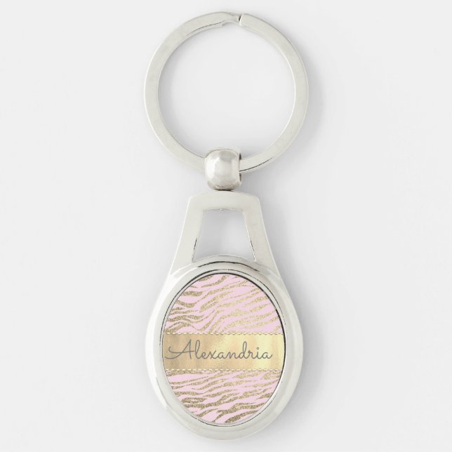 Glittery Zebra Print on Pink Blush Personalized Keychain (Front)