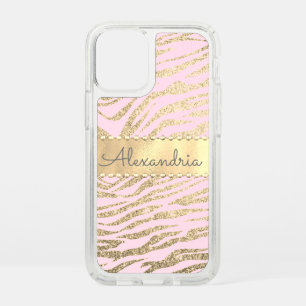 Glittery Zebra Print on Pink Blush Personalized Speck iPhone 12 Mini Case