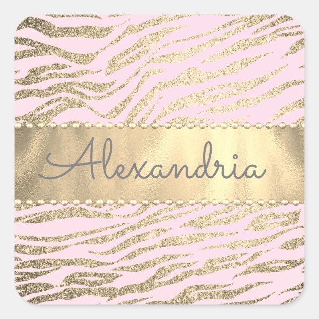 Glittery Zebra Print on Pink Blush    Square Sticker (Front)