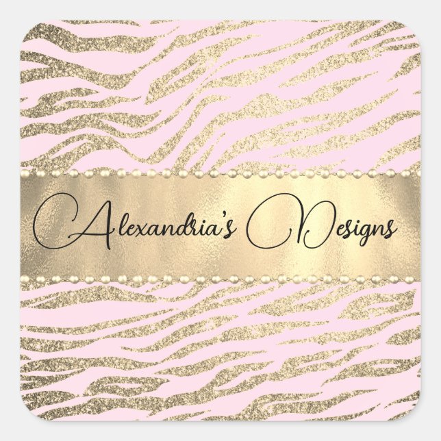 Glittery Zebra Print on Pink Logo Personalized Square Sticker (Front)