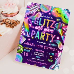 Glitz And Glam Glow Neon Spa Makeup Birthday Party Invitation