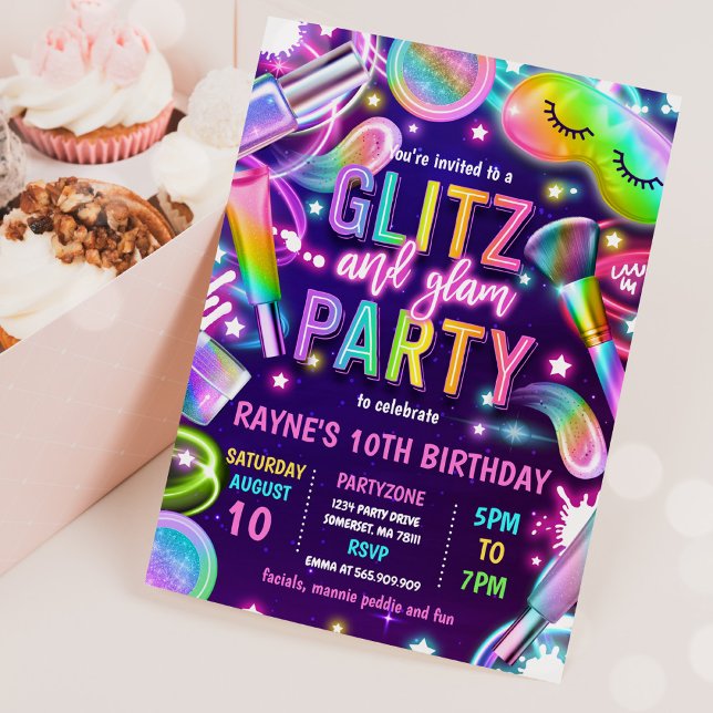 Glitz And Glam Glow Neon Spa Makeup Birthday Party Invitation (Creator Uploaded)