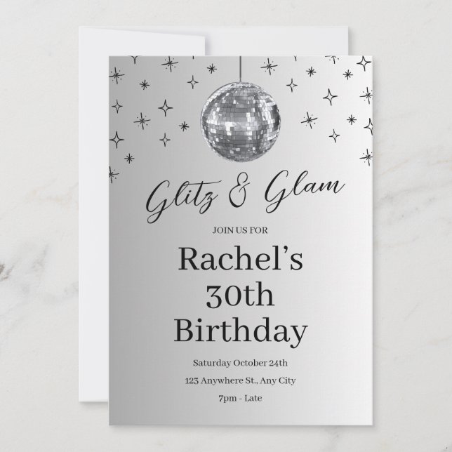 Glitz and Glam Silver Disco Birthday Invitation (Front)