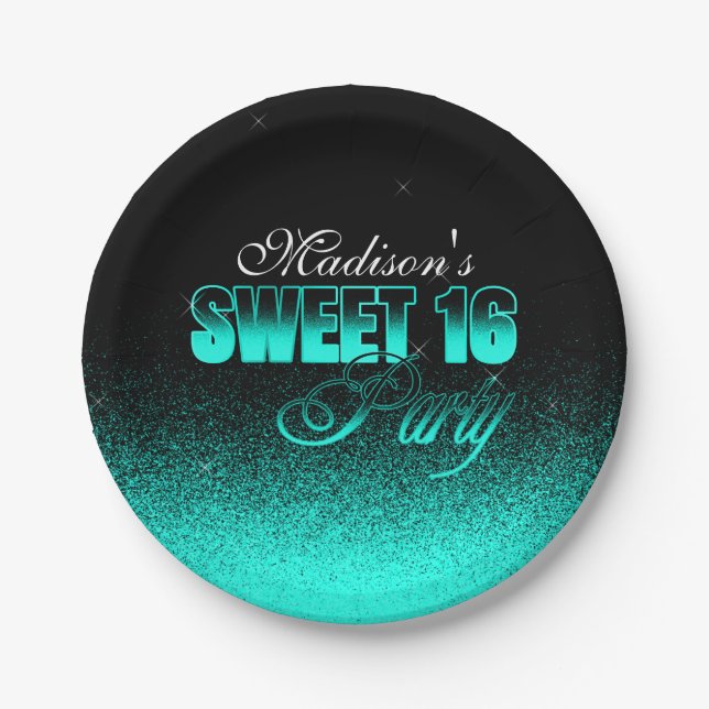 Glitz and Glamorous Black and Aqua Sweet 16 Paper Plates (Front)
