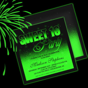 Glitz and Glamorous Black and Neon Green Sweet 16 Invitation