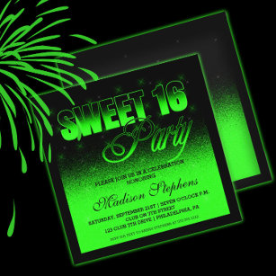 Glitz and Glamorous Black and Neon Green Sweet 16 Invitation