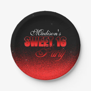 Glitz and Glamorous Black and Red Sweet 16 Paper Plates