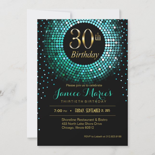 Glitz Bling Confetti 30th Birthday aqua gold black Invitation (Front)