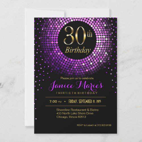 Glitz Bling Confetti 30th Birthday  purple gold Invitation