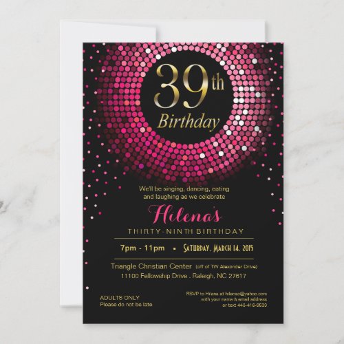 Glitz Bling Confetti 39th Birthday  fuchsia gold Invitation