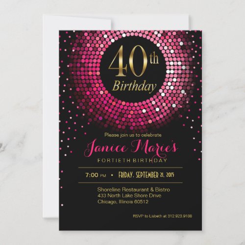 Glitz Bling Confetti 40th Birthday  fuchsia gold Invitation