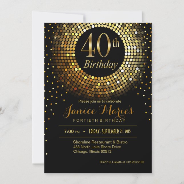 Glitz Bling Confetti 40th Birthday | gold black Invitation (Front)