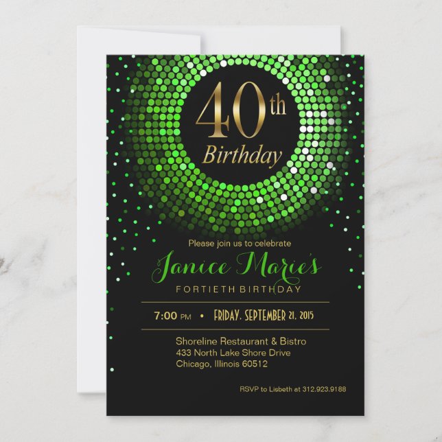 Glitz Bling Confetti 40th Birthday | green gold Invitation (Front)