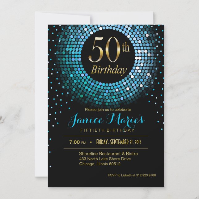 Glitz Bling Confetti 50th Birthday blue gold black Invitation (Front)
